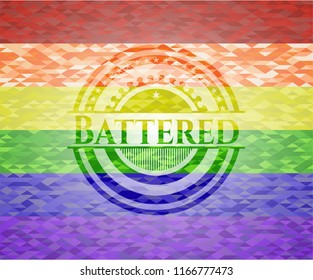 Battered on mosaic background with the colors of the LGBT flag