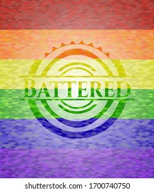 Battered on mosaic background with the colors of the LGBT flag
