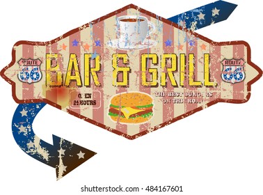 Battered Route Sixty Six Bar And Grill Diner Sign, Retro Style, Vector Illustration