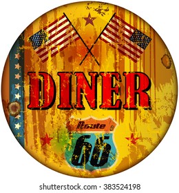 battered route sixty six diner sign, retro style, vector illustration