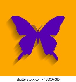 Batterfly sign illustration. Violet icon with shadow on orange background.