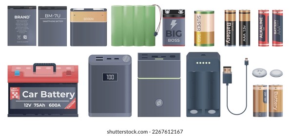 Acumulador de baterías conjunto realista de iconos aislados con vistas frontales de baterías eléctricas para diferentes usos ilustración vectorial