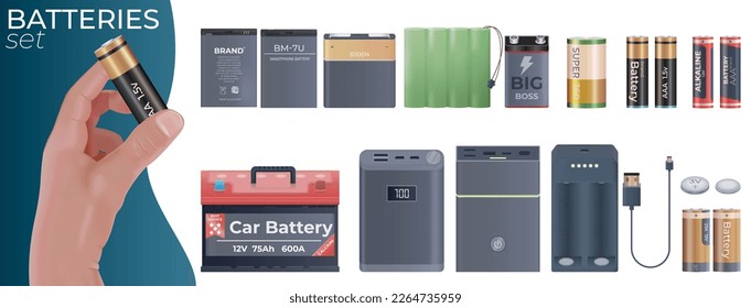 Batteries accumulator set of isolated compositions with realistic front view images of cellphone and car batteries vector illustration