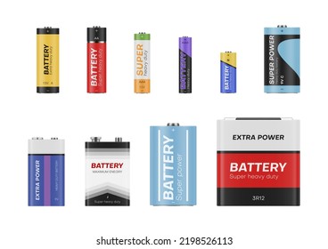 Batteries and accumulators set realistic vector illustration. Battery charge chemical capacity component fuel generation power electrical source portable alkaline recharge metallic acid technology