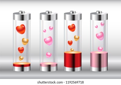Batteries charged and discharged with hearts. Vector illustration.