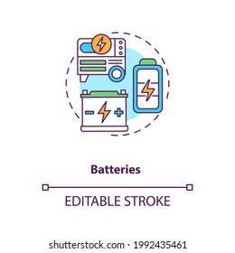 Batteries Concept Icon. Storing Energy On Large Scale For Distribution Idea Thin Line Illustration. Battery Installations At Wind Farms. Vector Isolated Outline RGB Color Drawing. Editable Stroke