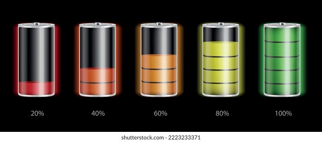 Batteries with different charge levels realistic set isolated on black background vector illustration
