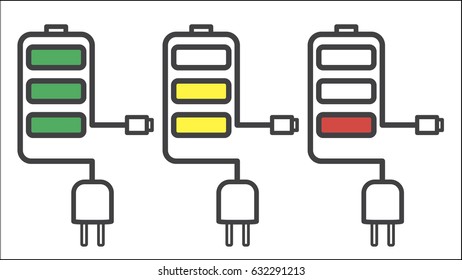 Batteries with different charge levels,outline style,Charging and USB,Vector image