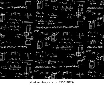 Batteries. Electric law theory and physics mathematical formula equation. Physical equations on blackboard. Technological and scientific  background. Vector hand-drawn vintage seamless pattern.