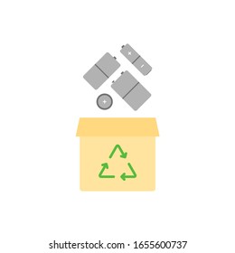 las baterías caen en la caja de reciclaje. concepto de ahorro de tierra, clasificación de residuos peligrosos, fabricación de baterías seguras. para los puntos de aceptación. signo simple para la plantilla de banner en fondo blanco