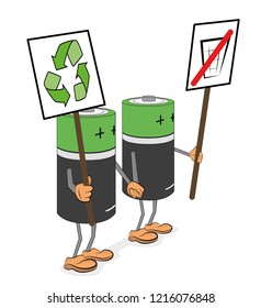 batteries in the form of men. stand hand in hand. holding posters for the protection of the environment. vector illustration.