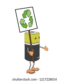 batteries in the form of men. stand hand in hand. holding posters for the protection of the environment. vector illustration.