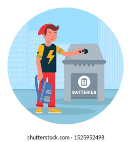 Batteries garbage recycling flat illustration. Waste sorting round vector isolated clipart on white background. Teenager throwing trash in bin cartoon character. Toxic materials utilization