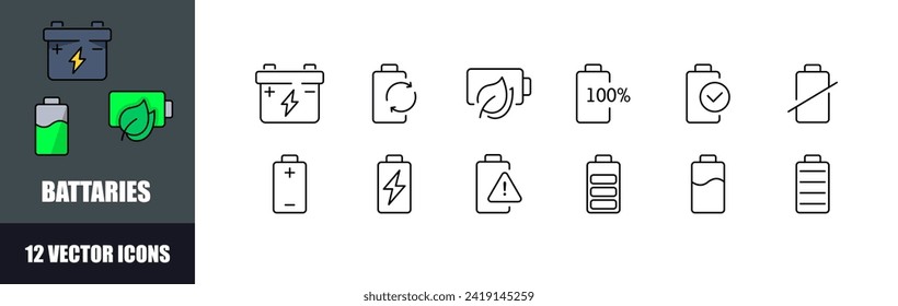 Batteries icon set. Linear style. Vector icons