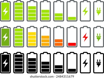 Batteries with level indicators. Battery full, discharged, charging. Vector, graphic resource. Energy symbol on electronic devices.