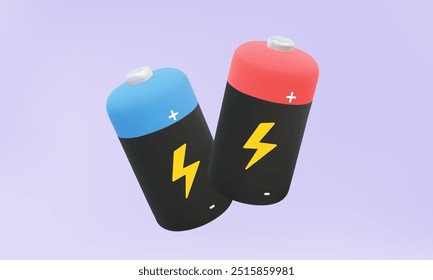 Batteries and lightnings 3D icon energy charging status chemical symbol with isolated on pastel background. sign charge alkaline battery technology recharge. Eps 10 vector. 3d rendering.