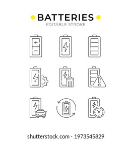 Batteries linear icons set. Energy. Thin line customizable illustration. Contour symbol. Vector isolated outline drawing. Editable stroke