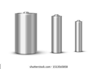 Batteries realistic vector illustrations set. Empty electricity power source mockups pack. Shiny silver AAA, PP3 and AA blank batteries 3D isolated cliparts collection on white background