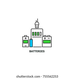 Batteries recycle concept icon in line design, vector flat illustration isolated on white background