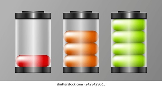 Batterien eingestellt. Batterien aus aufgeladenem und entladenem Glas. Vektorgrafik 3D-Clipart einzeln auf grauem Hintergrund.