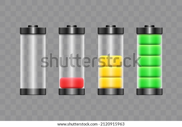 Batteries set. Charged and\
discharged glass batteries. Vector 3d clipart isolated on white\
background.