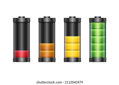 Batterien eingestellt. Batterien aufgeladen und entladen. Vektorgrafik 3D-Clipart einzeln auf weißem Hintergrund.