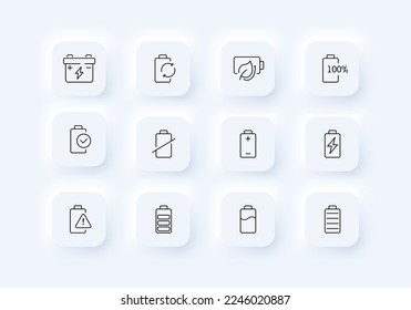 Batteries set icon. Charge, charging, battery, poles, plus, minus, recycling, eco friendly, 100 percent, discharged, electrical energy, electricity. Technology concept. Neomorphism style