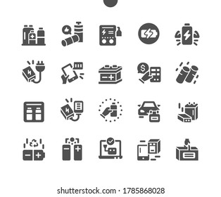 Baterías Iconos sólidos Pixel Perfect Vector bien diseñados 30 Cuadrícula 2x para gráficos y aplicaciones web. Pictograma mínimo simple