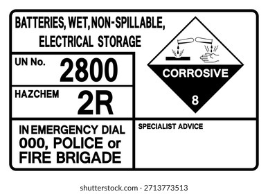 Baterías Mojado No Derramable Almacenamiento Eléctrico UN 2800 Signo De Símbolo, Ilustración vectorial, Aislar Sobre Fondo Blanco, Etiqueta. EPS10