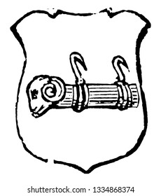Battering Ram is frequently borne as a charge in a coat of arms, vintage line drawing or engraving illustration.
