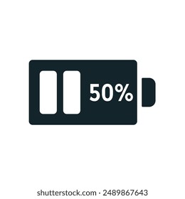 Akku bei 50 Abbuchungen Icon: Eine Vektorillustration in monochrom, vollständig gefüllt dargestellt.