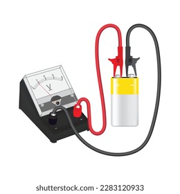 Akkuprüfung mit 9V-Multimeter, Voltmeter-Symbol, Farbe einzeln auf weißem Hintergrund, Vektorgrafik.