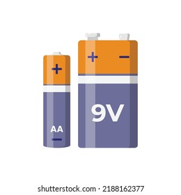 Battery AA and 9 Volts Flat Illustration. Clean Icon Design Element on Isolated White Background