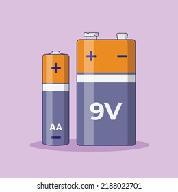 Batería AA y 9 Voltios Ilustración de iconos vectores con contorno para elemento de diseño, imágenes prediseñadas, web, página de aterrizaje, adhesivo, cartel. Estilo de dibujo plano