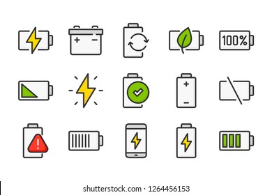 Battery and Accumulator color line icons. Power and energy vector linear colorful icon set. Isolated icon collection on white background.