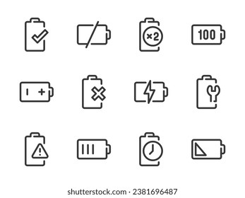 Battery and Accumulator Configurations vector line icons. outline icon set. Charge Level, Charging, Warning Notification, Dead Battery, Capacity Status and more.