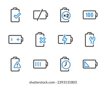 Iconos de línea vectorial de configuraciones de batería y acumulador. conjunto de iconos de esquema. Nivel de carga, carga, notificación de advertencia, batería muerta, estado de capacidad y más.