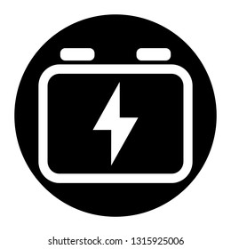 Battery, accumulator icon on black circle. White background