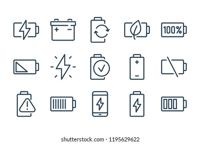 Battery and Accumulator line icons. Charge level and Battery Parameters vector icon set.