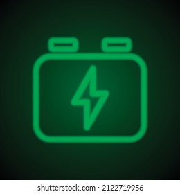 Battery, accumulator simple icon. Flat desing. Green neon on black background with green light.ai