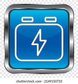 Battery, accumulator simple icon. Flat design. Metal, blue square button. Transparent grid.ai