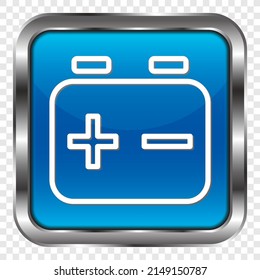Icono simple del acumulador de batería. Diseño plano. Botón cuadrado azul metálico. cuadrícula transparente.ai