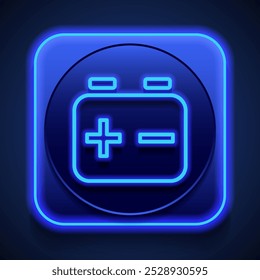 Battery accumulator simple icon. Flat design. Blue neon style on button. With shadow.ai