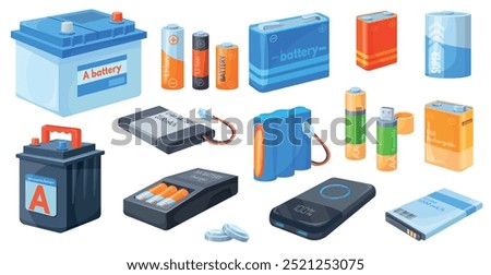Battery accumulators type. Nickel or lithium cylinder batteries, recycle accumulator different types alkaline aa cell button electric charger power banks neat vector illustration original artwork