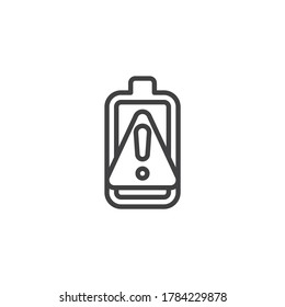 Icono de línea de notificación de alerta de batería. signo de estilo lineal para concepto móvil y diseño web. Batería con el icono vector de contorno de signo de exclamación. Símbolo, ilustración del logotipo. Gráficos vectoriales