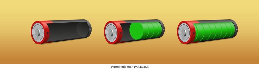 Battery alkaline gadget tag indicator charging level energy power running from the start lower up status empty loading bar to power full capacity show the green color of perspective 3D vector