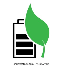 battery black green leaf icon on white backgrond