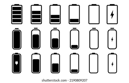 Icono negro de la batería en fondo blanco. Indicador de nivel de batería móvil. Icono de nivel del acumulador. Conjunto de signos de encendido. Símbolo de batería móvil. Vector de material	