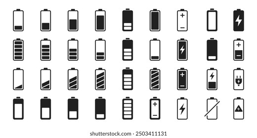 Conjunto de iconos negros de batería. Símbolo del Recargo de la batería. Nivel de energía de la batería. Vector.