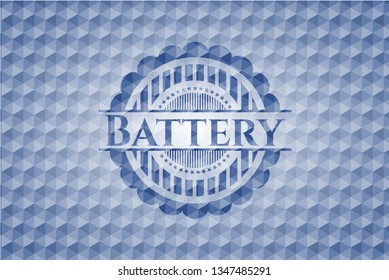Battery blue badge with geometric background.